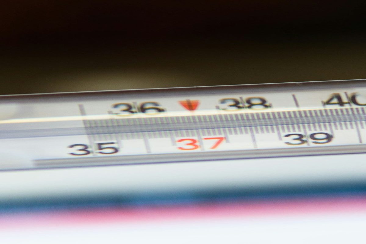 Termómetro clínico con una marca roja apuntando a los 37°C de referencia sobre una escala lineal graduada: el bullet graph nace justo de este tipo de termómetro, reemplazando el gauge circular por una franja lineal con marca de objetivo