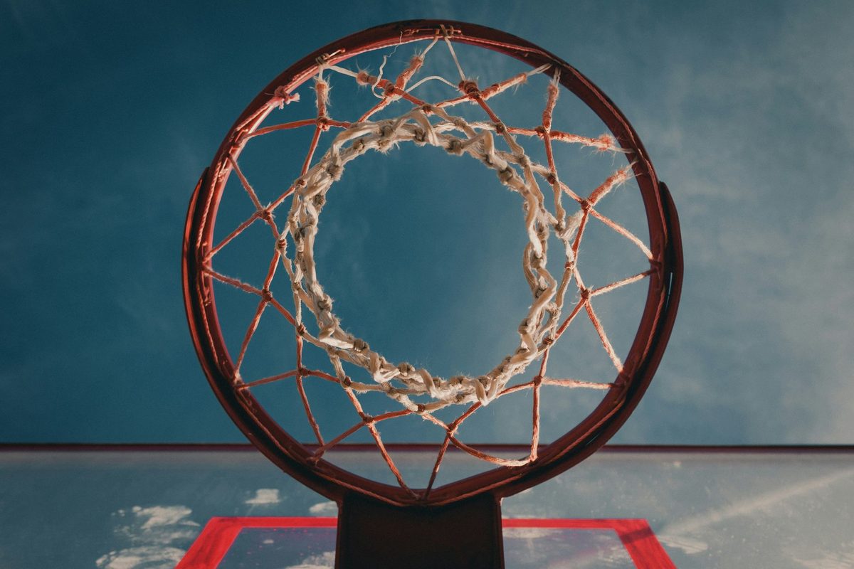Red de un aro de básquetbol fotografiada desde abajo, con los hilos radiando desde el borde circular hacia el centro en largos irregulares: la misma anatomía de un polar area chart, donde cada radio se extiende una distancia distinta desde un mismo centro